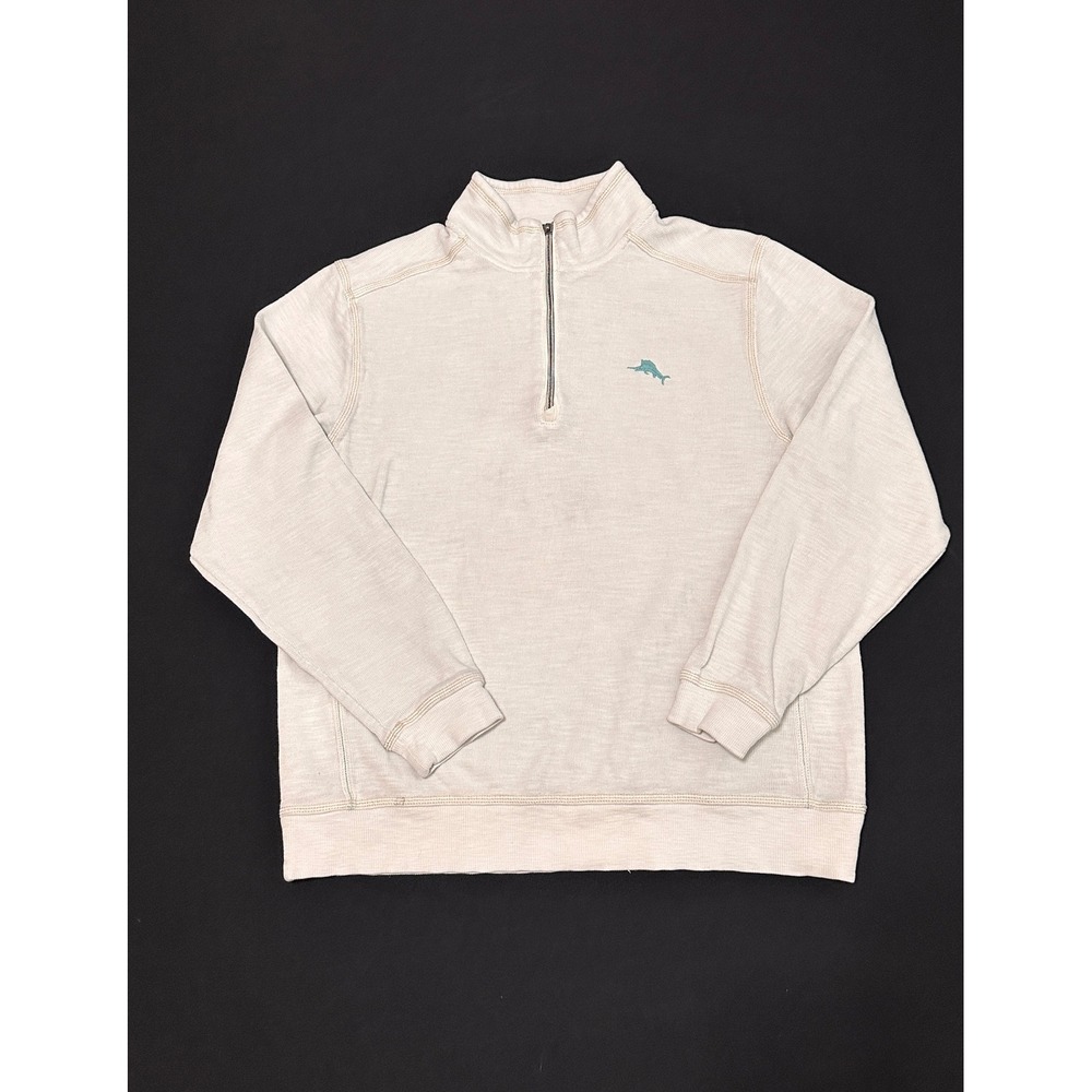 Tommy Bahama Mens M Quarter Zip Pullover Cream Pima‎ Cotton Tencel Marlin Logo